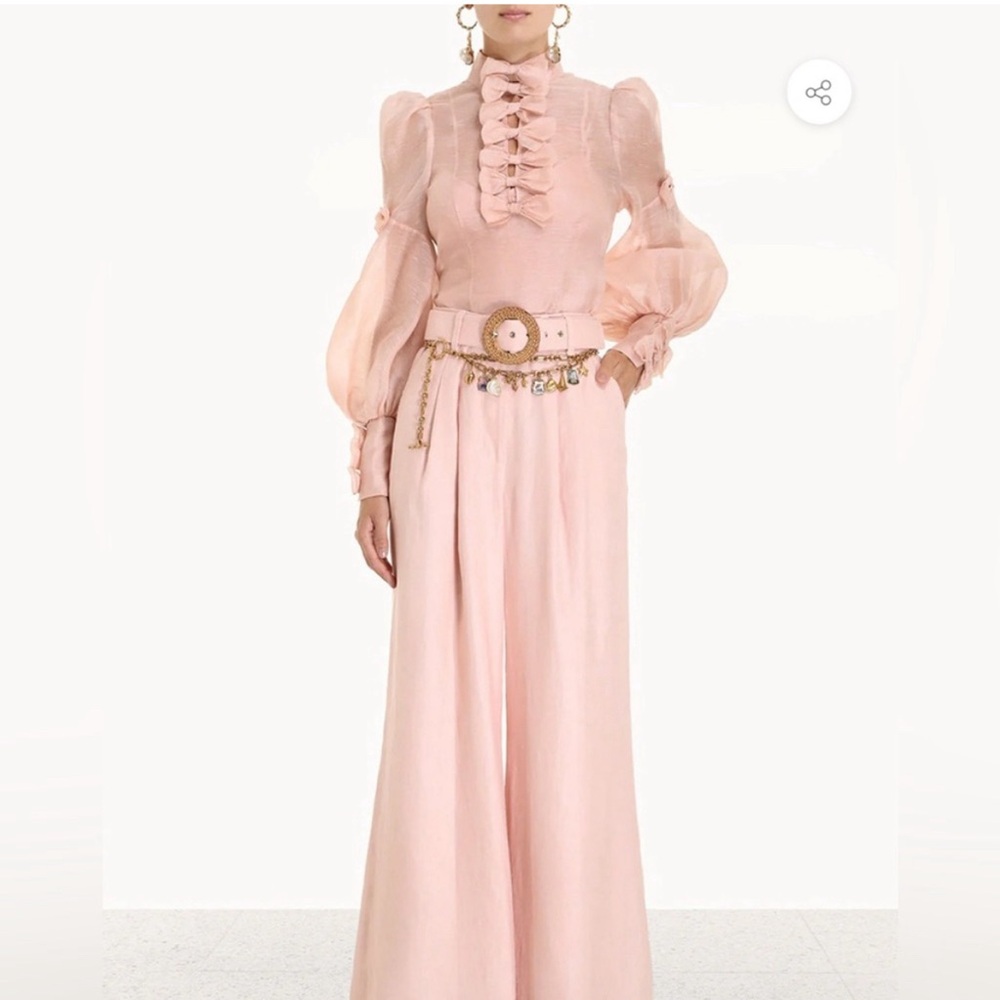 Zimmermann Pale Pink Ruffle-Front Puff Sleeve Blouse